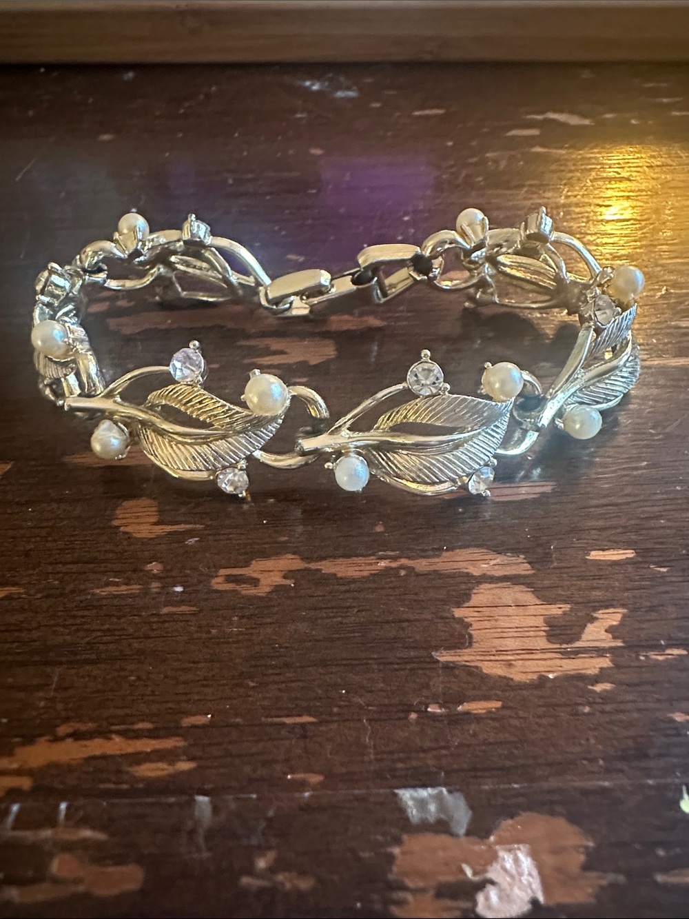 8” Staret 1940s seed pearl, rhinestone, gold tone,raf bracelet